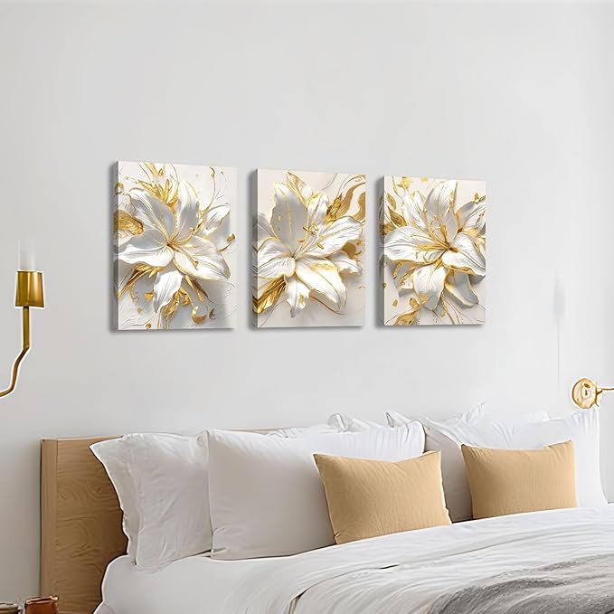 WENGTIAO 3Pcs Elegant White Lily Flowers Canvas Wall Art Boho White Floral Gold Edges Prints Pictures Paintings Beige Blossom Artwork for Living Room Bedroom Office Bathroom 12”x16 x3