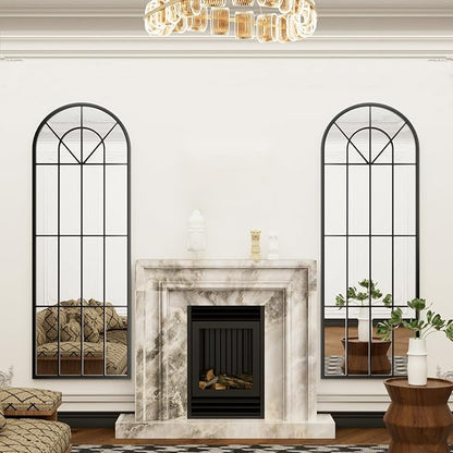 Degfig Arched Full Length Mirror with Grids, 65"X22", Arched Window Pane Wall Mirror, Floor Standing Mirrors, Farmhouse Long Full Body Mirrors Wall Mounted for Living Room, Bedroom, Entryway, Black