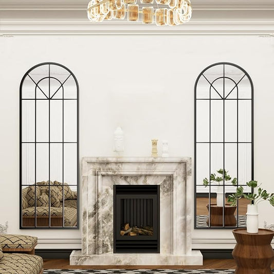 Degfig Arched Full Length Mirror with Grids, 65"X22", Arched Window Pane Wall Mirror, Floor Standing Mirrors, Farmhouse Long Full Body Mirrors Wall Mounted for Living Room, Bedroom, Entryway, Black