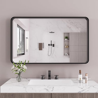 JISOSO Black Bathroom Mirror 60X30 Inch, Black Metal Framed Mirror for Wall, Rounded Rectangle Matte Bathroom Vanity Mirror with Tempered Glass, Anti-Rust, Horizontal/Vertical