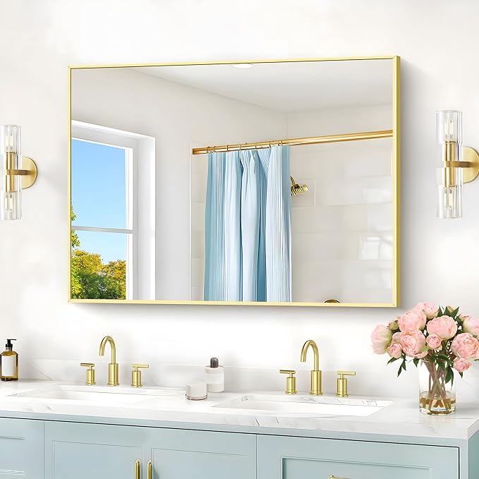 COFENY 30x40In Gold Bathroom Mirror for Wall, Brushed Gold Rectangle Mirrors with Metal Frame, Bathroom Rectangular Mirror Modern Wall Mirror for Bedroom Living Room, Hangs Horizontal or Vertical