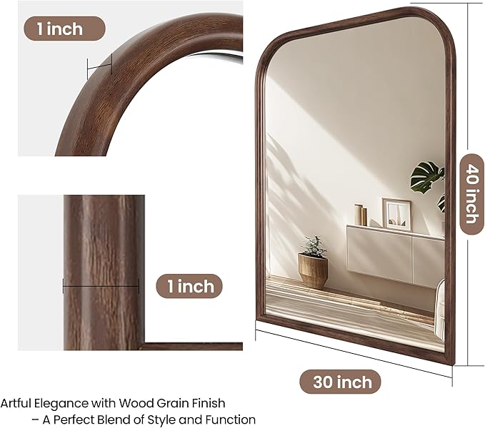 30"x40" Arch Wall Mirror Bathroom Mirror for Wall Mounted, Tempered Glass, Wood Grain Finish Frame Wall Mirror Decorative for Bedroom Living Room Entryway