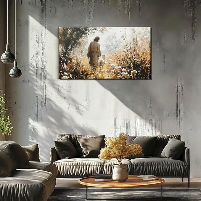 1Pcs Vintage Framed Jesus Lamb Paintings Canvas Wall Art Shepherd Flock Paintings Christian Wall Decor Modern Pictures Religious Art Print for Living Room Bedroom Decoration16x24in