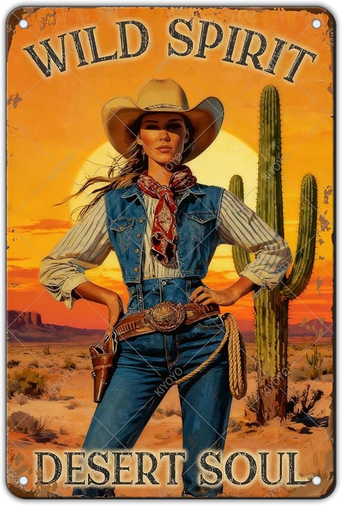 Cowgirl Vintage Metal Sign Wild Spirit Desert Soul Sign Retro Metal Plaque for Home Bar Garage Coffee Shop Wall Decoration 12x8 Inch