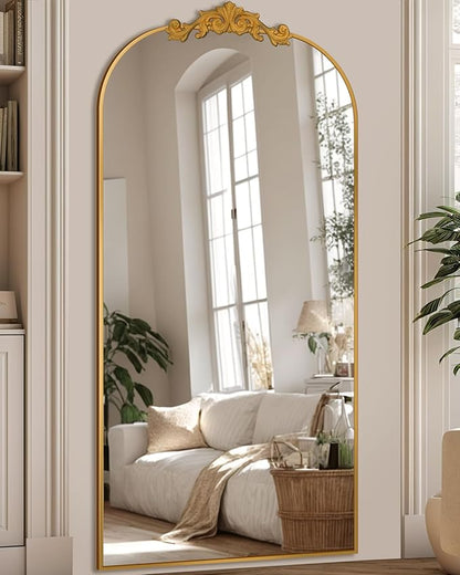 Antok Arched Full Length Mirror, 71"x28" Floor Mirror with Carved, Full Body Mirrors for HomeDecor, Standing/Halling Large Wall Mirror for Bedroom, Living Room, Cloakroom, Gold, Retro Style