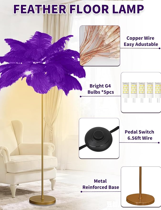 Feather Floor Lamp,Fluffy Ostrich Feather Floor Lamp for Bedroom,3 Color Temperatures Led Corner Modern Floor Lamps for Living Room Christmas Home Decor House Warming Gifts,63″ Height (Deep Purple)