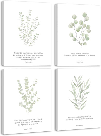 Drsoum Bible Verses Inspirational Scripture Framed Wall Art Botanical Plant Motivational Christian Decor for Bathroom Sage Green Eucalyptus Leaf Prints Ready to Hang 8x10inx4pcs (Framed)