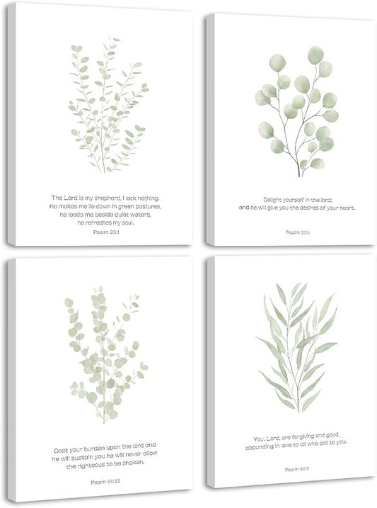 Drsoum Bible Verses Inspirational Scripture Framed Wall Art Botanical Plant Motivational Christian Decor for Bathroom Sage Green Eucalyptus Leaf Prints Ready to Hang 8x10inx4pcs (Framed)