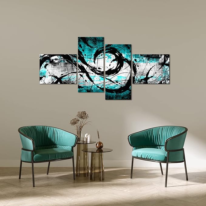KREATIVE ARTS 4 Panel Turquoise Decor for Living Room Large Size Teal Wall Art Blue Grey Black Wall Decoration Canvas Print Modern Abstract Painting L68xH32inch (Blue)
