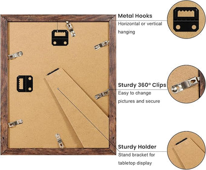 YESKAY 8x10 Picture Frame Set of 9, Display Pictures 5x7 with Mat or 8 x 10 Without Mat, Multi Photo Frames for Wall Mounting or Table Top Display, Rustic Brown