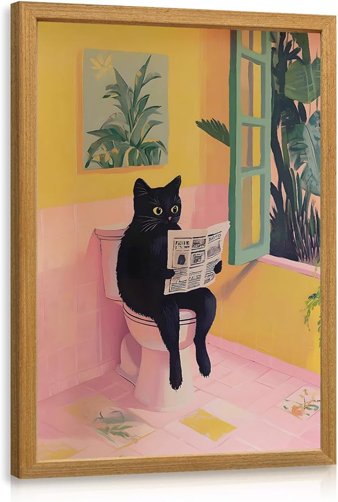 Cyebmo Funny Bathroom Wall Art, Cute Black Cat Sitting on Toilet Reading Newspaper Wall Decor, Whimsical Pink Abstract Animal Canvas Artwork for Bathroom Kid's Restroom Bedroom Wood Framed 12x16 Inch