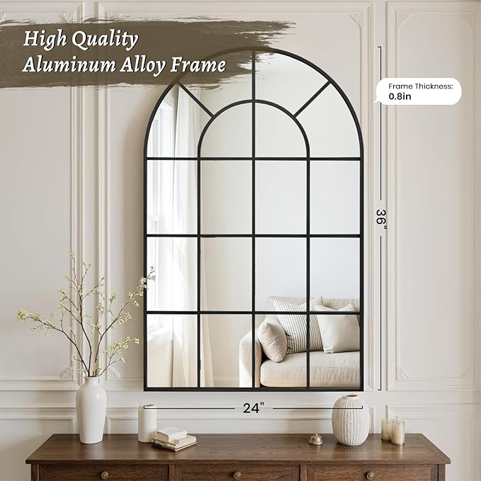 Anpark Arched Windowpane Wall Mirror 24"x36" Black Wall Mounted Art Pane Mirror Farmhouse Decorative Mirror Leaning Hanging Wall Mirror for Bedroom Living Room Entrance Hallway Wall Decor