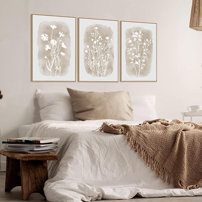 Neutral Wildflower Wall Art Framed Boho Botanical Large Vintage Farmhouse Minimalist Floral Beige Canvas Wall Decor Prints for Living Room Bedroom Office, 3 Panels, 24x36 Inch