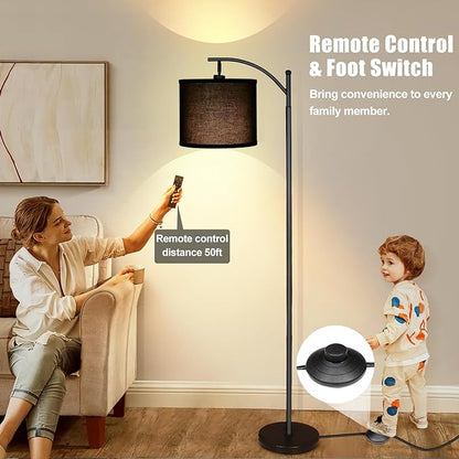 mukuxin LED Floor Lamps for Living Room, 12W 1200LM Modern Arc Floor Lamp with Remote & Adjustable Linen Lampshade, 12 Color Temperature Stepless Dimmable Tall Standing Lamp (Black)