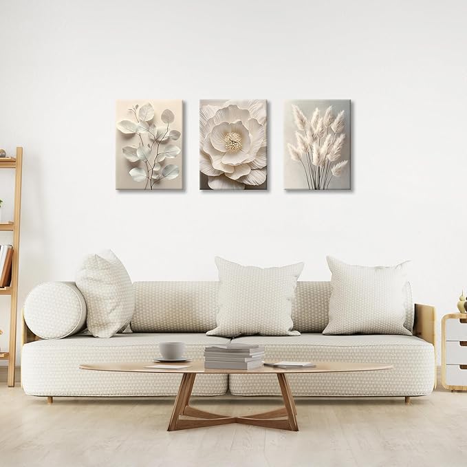 3Pcs Beige Floral Botanical Frame Canvas Wall Art, Neutral Textured Flower Plant Wall Painting Picture Wall Decor Vintage Blossom Posters Prints for Bedroom Living Room Reay to Hang 12"x16"x3Pcs