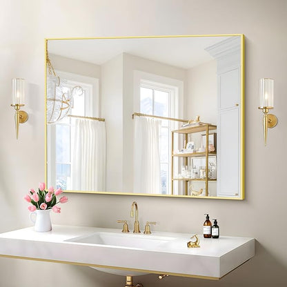 COFENY Gold Bathroom Mirror for Wall, 30x36 Inch Rectangle with Metal Frame, Modern Vanity for Bathroom Living Room, Entryway Hangs Horizontal or Vertical