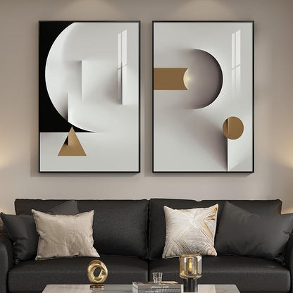 Large Framed Modern Elegant Abstract Wall Art, 2 Piece Black White Gold Geometric Prints Paintings Artwork for Walls, Minimalist Wall Pictures for Living Room Dining Bedroom Hallway Wall Decor 24x36 In