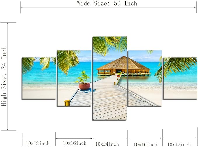 Landscape Beach Palm Tree House Scene of Sea Picture Modern Painting on Canvas 5 Piece Framed Wall Art for Living Room Bedroom Home Decor Gallery Wrap Giclee Print (50’’W x 24’’H)