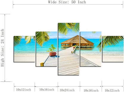 Landscape Beach Palm Tree House Scene of Sea Picture Modern Painting on Canvas 5 Piece Framed Wall Art for Living Room Bedroom Home Decor Gallery Wrap Giclee Print (50’’W x 24’’H)