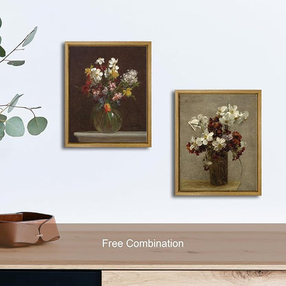 Pyradecor Vintage Framed Canvas Wall Art Retro Farmhouse Decor Flowers in Vase Canvas Prints Classical Floral Painting Artwork for Bedroom Office Decorations