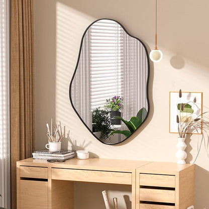 41"x28" Irregular Wall Mirror Cloud Asymmetrical Shaped Black Aluminum Alloy Framed Mirror for Living Room Bathroom Bedroom Entryway Fireplace