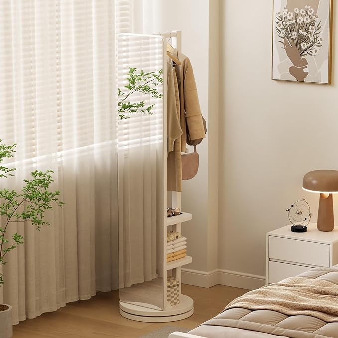 WoodsWhisper Full Length Mirror Coat Rack Solid Wood Floor Mirror 66"x12" Full Length Mirror with Stand Long Mirrors for Bedroom,Living Room (White, 66" Lx12 W)