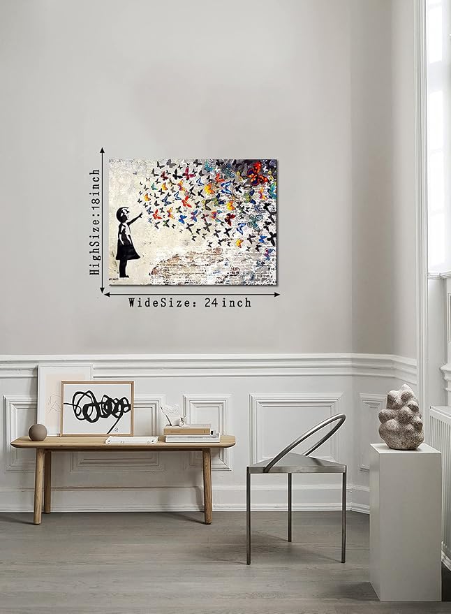 Graffiti Street Wall Art Banksy Painting Artwork Framed Girl with Butterfly Wall Decor Canvas Prints Street Art Picture for Kid Room Bedroom Ready to Hang 18" Wx24 H