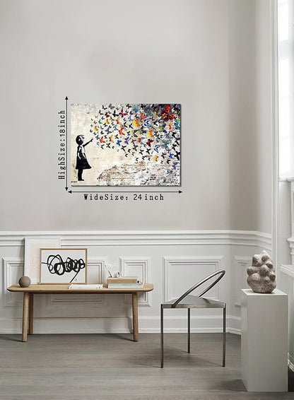 Graffiti Street Wall Art Banksy Painting Artwork Framed Girl with Butterfly Wall Decor Canvas Prints Street Art Picture for Kid Room Bedroom Ready to Hang 18" Wx24 H