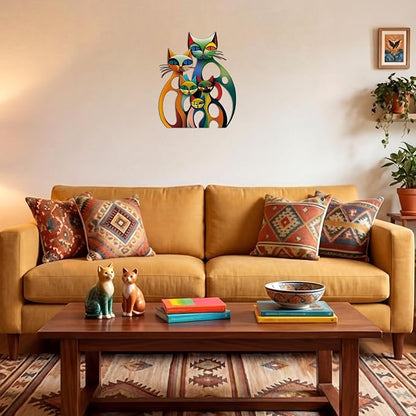 Wesiti Cat Wall Art Decor Iron Wall Sculptures Decor for Cats Lover 10.6 x 15.7 Inches Colorful Retro Mid Century Cat Signs for Home Living Room Bedroom Kitchen Office(Neutral)