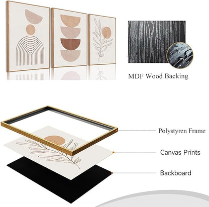 Bwodke Framed Boho Canvas Wall Art Mid Century Modern Prints Set of 3 Neutral Geometric Line Leaf Paintings Decor Minimalist Abstract Pictures Bedroom Living Room Bathroom