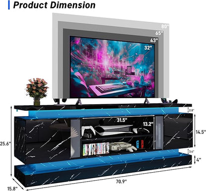 chartustriable 71IN LED TV Stands w/Power Outlet for 85/80/75 Inch TVs,High Gloss Modern Tall Entertainment Center TV Media Console Gaming w/2 Storage Cabinets,Dual LED Lights,Black Marble