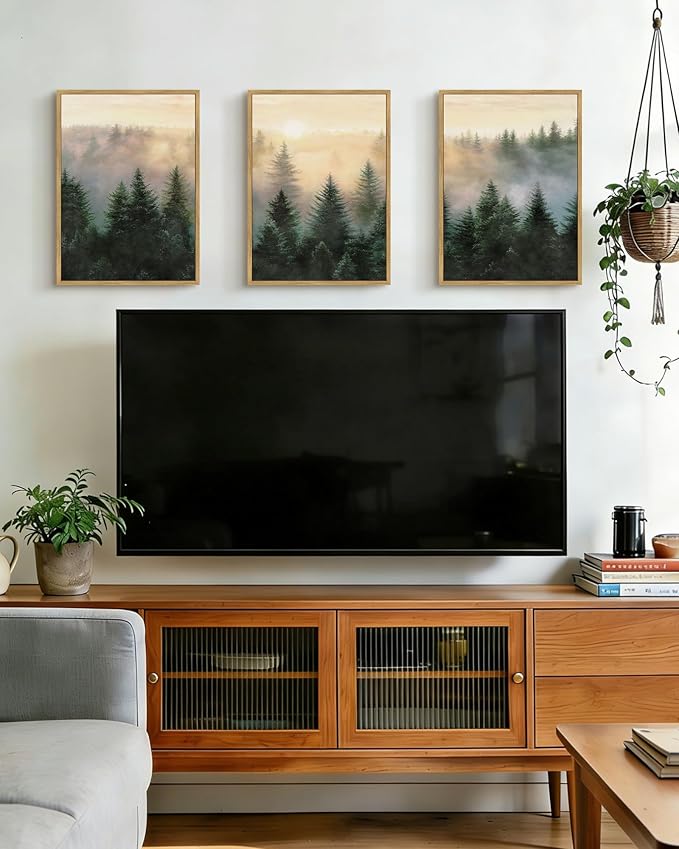Drsoum Green Fog Pine Tree Landscape Wall Art Framed Nature Misty Nordic Forests Prints Morden Farmhouse Rustic Artwork Hallway Bedroom Ready to Hang 11x14in Natural Framed