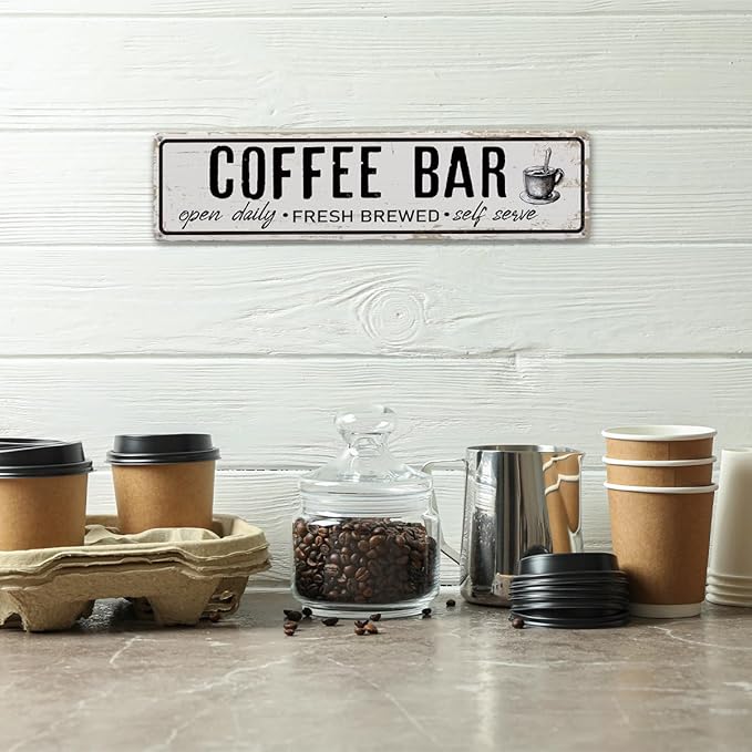 Coffee Bar Open Daily Sign, Retro Metal Tin Sign, Rustic Farmhouse Wall Decor, Coffee Bar Signs for Wall, Vintage Home Decor for Kitchen, Coffees Station Decors, Cafe Decors, 15.8x4 Inches