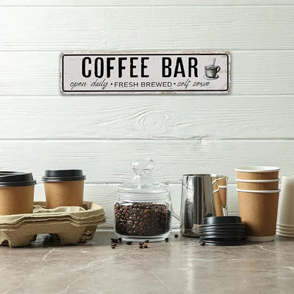 Coffee Bar Open Daily Sign, Retro Metal Tin Sign, Rustic Farmhouse Wall Decor, Coffee Bar Signs for Wall, Vintage Home Decor for Kitchen, Coffees Station Decors, Cafe Decors, 15.8x4 Inches