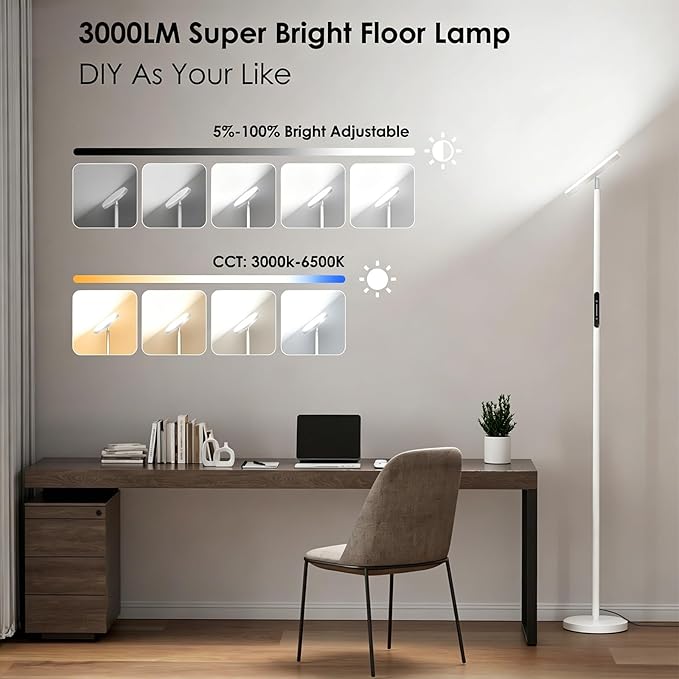 Floor Lamps for Living Room, 32W 3000LM Super Bright LED Torchiere Floor Lamp with Remote & Touch Control, 69" Standing Lamp with 350°Rotating Head, Modern Dimmable Floor Lamp for Bedroom Office