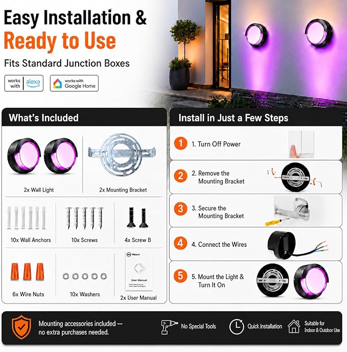 Meevt Smart Outdoor Wall Lights, 1200LM RGBCW Porch Lights, IP65 Waterproof Exterior Wall Sconce, Work with Alexa & Google Assistant, App & Remote Control Wall Lights for Patio, Garage, Round, 2 Pack