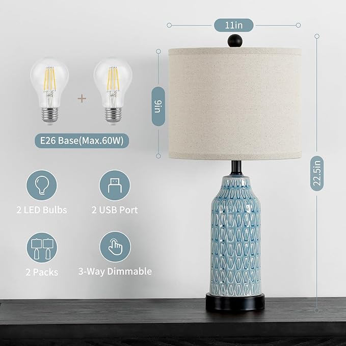 Cinkeda Ceramic Table Lamps for Bedroom Set of 2,Touch Lamp with USB Ports for Nightstand, 3-Way Dimmable Blue Coastal Bedside Lamps for Bedroom Living Room End Table Side Table(Bulbs Included)