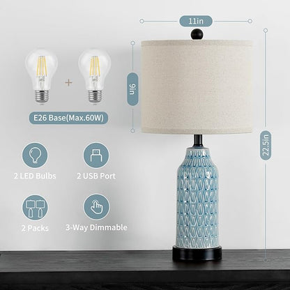Cinkeda Ceramic Table Lamps for Bedroom Set of 2,Touch Lamp with USB Ports for Nightstand, 3-Way Dimmable Blue Coastal Bedside Lamps for Bedroom Living Room End Table Side Table(Bulbs Included)