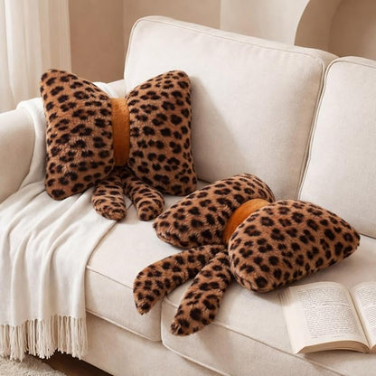 2 Pack Leopard Print Bow Throw Pillow Small Cheetah Print Love Pillows 13 x 10 Inch Faux Rabbit Fur Pillows Leopard Throw Bow Pillow for Valentine's Day, Wedding, Vintage Room Decorative