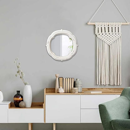 Rustic Wooden Round Bathroom Mirror 9.1 inch, Hanging Distressed White Vintage Small Wall Mirror Decor, Farmhouse Decorative Porthole Mirrors for Hallway Bedroom Entryway Vanity