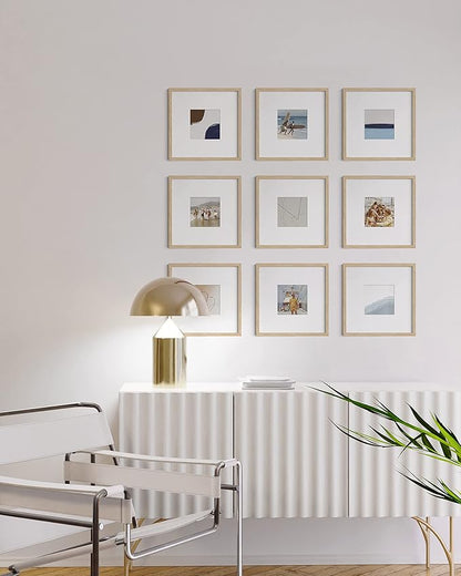 HAUS AND HUES Beige Oak Wood 10x10 Picture Frames - Set of 9, Square Frames with Mat, Elegant Frames for Posters and Wall Decor (10x10 in, Beige, Set of 9)