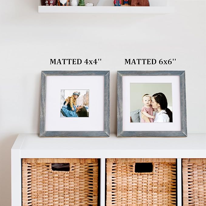 Egofine 8x8 Picture Frame Made of Solid Wood with Plexiglass, Display Pictures 4x4/6x6 with Mat or 8x8 Without Mat Set of 4 for Tabletop and Wall Mounting, Rustic Blue