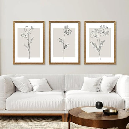 ICHZUMW Neutral Botanical Floral Wall Art, Black and White Farmhouse Flowers Wall Decor, Modern Minimalist Line Art Canvas Prints, Beige Artwork, Living Room Bedroom Home Office, Set of 3, 16x24in