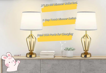 Touch Table Lamps Set of 2, nightstand lamp with USB Ports Bedside 3 Way Touch dimmer Desk lamp for Living Room Bedroom,Gold Plated Spiral cage Base Design Warm White dimmer Bulbs Included.