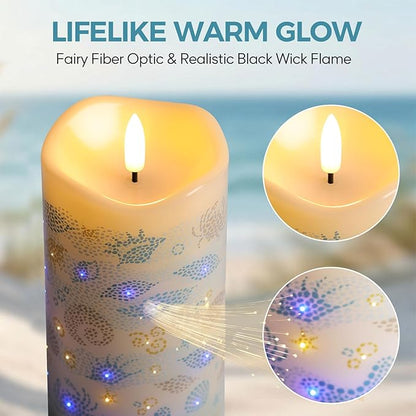 Eywamage Fiber Optic Flameless Pillar Candles with Remote Timer, Ocean Theme LED Battery Candles Home Decor Set of 3 Φ 3" H 6"