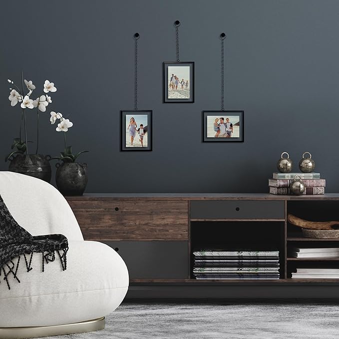Americanflat Metal Floating Frame with Chain - Set of 3 - Use as 4x6 Picture Frame - Pressed Flower Display for Wall Decor - Elegant Black Molding with Shatter-Resistant Glass