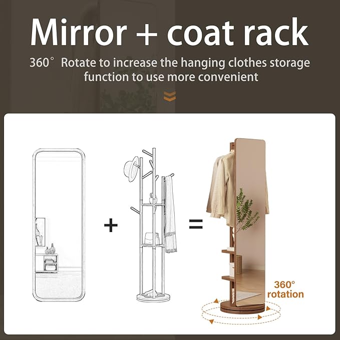WoodsWhisper Full Length Mirror Coat Rack Solid Wood Floor Mirror 66"x12" Full Length Mirror with Stand Long Mirrors for Bedroom,Living Room (Deep Walnut, 66" Lx12 W)