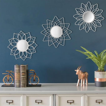Silver Mirrors for Wall, 9 inch Metal Flower Mirrors Home Valentine Decoration, Valentine Wall Art Decorative Mirror Small Mirror for Living Room Bedroom, Entrance Set of 3