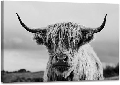 Highland Cow Wall Art Canvas Print Black and White Animal Canvas Picture Framed Art Wall Decor for Bedroom Bathroom (20x30 inch)