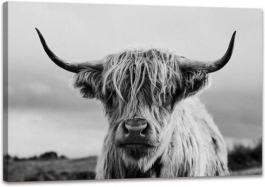 Highland Cow Wall Art Canvas Print Black and White Animal Canvas Picture Framed Art Wall Decor for Bedroom Bathroom (20x30 inch)